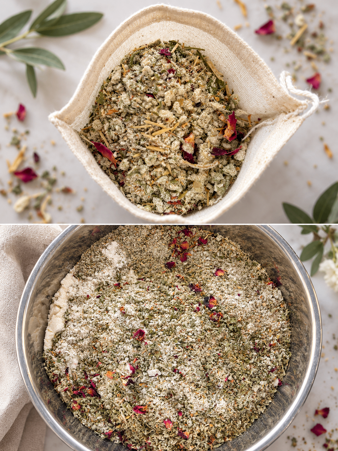Hand-blended herbal bath soak with rose petals and calendula